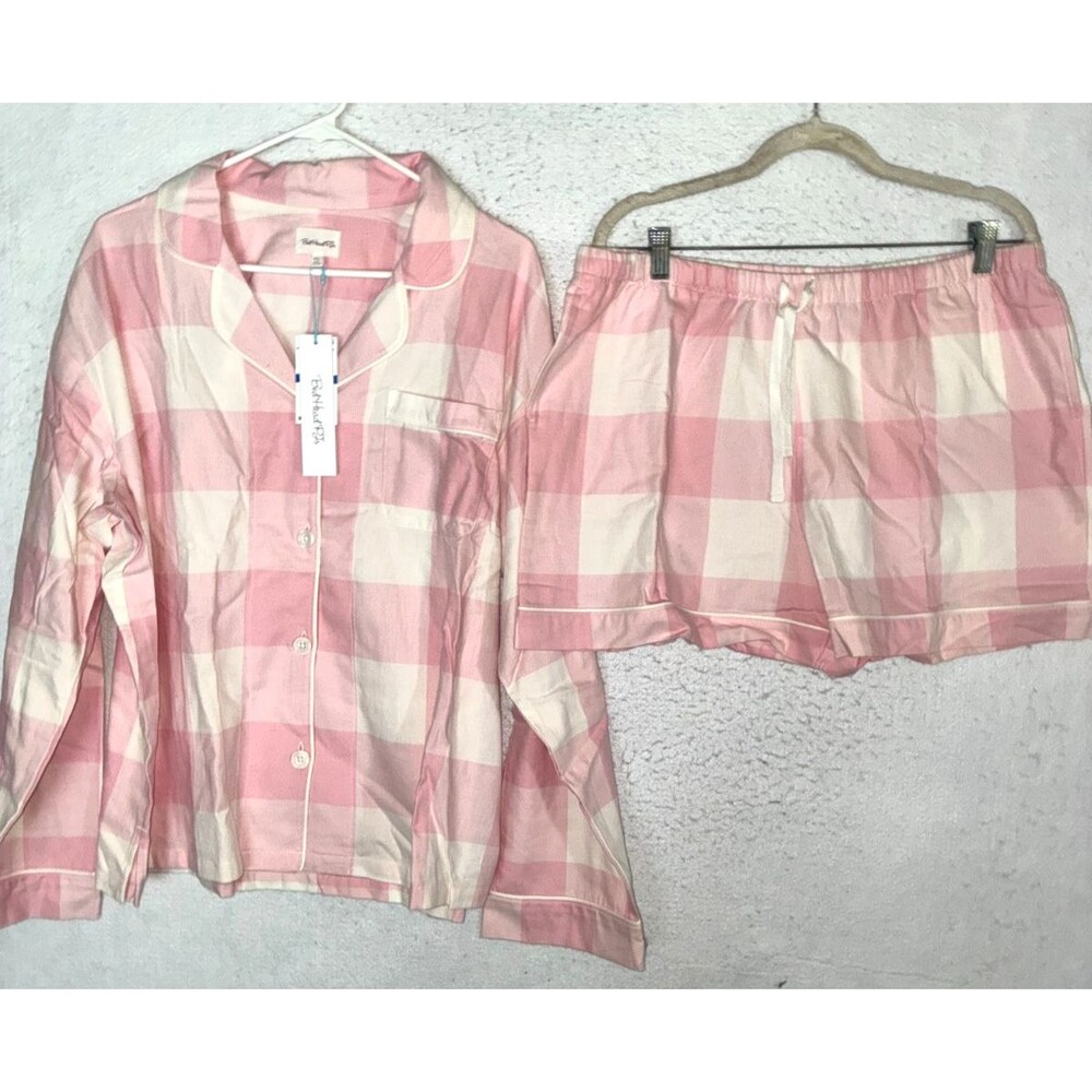 BedHead Women's Flannel Pajama Set XL Organic Cotton Pink Plaid Shorts button